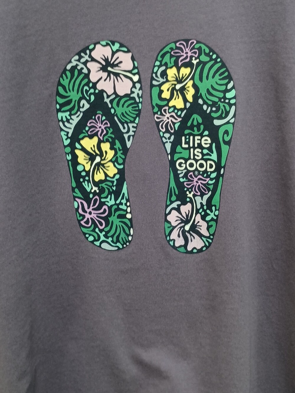 Women's Life Is Good Hibiscus Flip Flops Short Sleeve Crusher Summertime Tee XXL - Picture 2 of 4